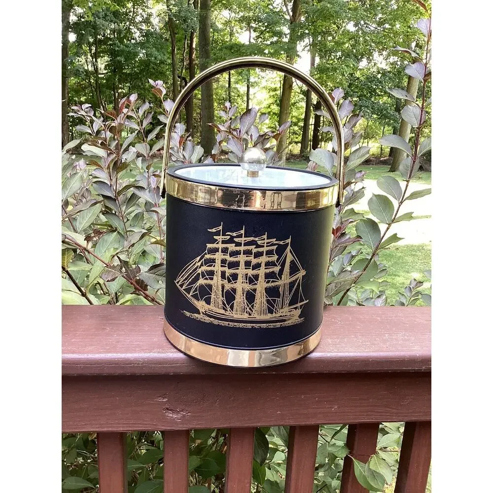 Shelton Ware Ice Bucket Vintage Barware Sailboat 1960 MCM‎ Retro Black Gold